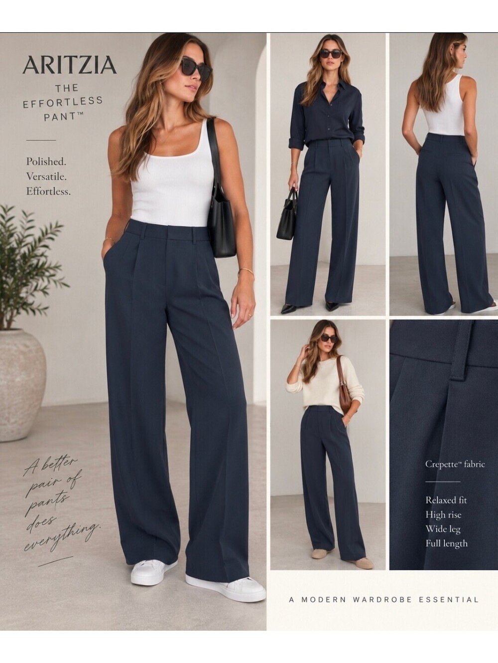 NWT Aritzia Effortless Pant Crepette Dark Night Navy Wide Leg Size 6 Tall
